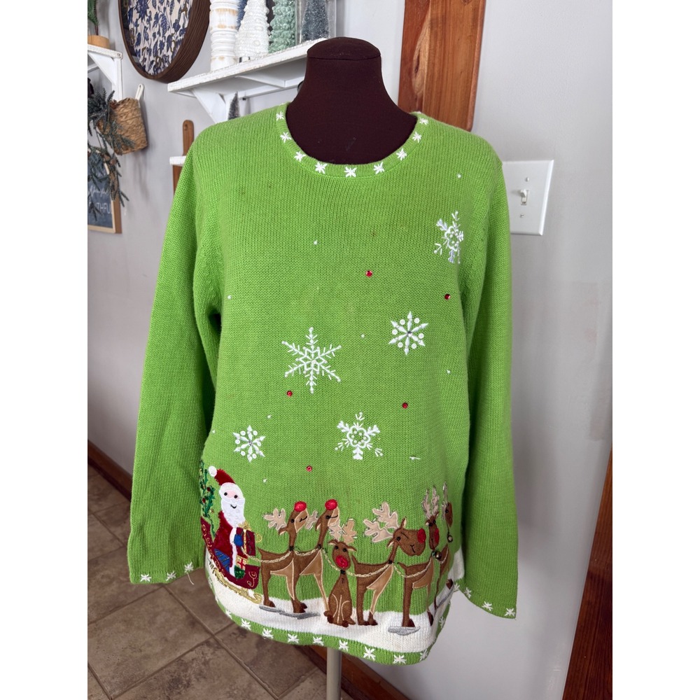 Quacker Factory Christmas Sweater Large Green Santa Reindeer Jingle Bells Sequin